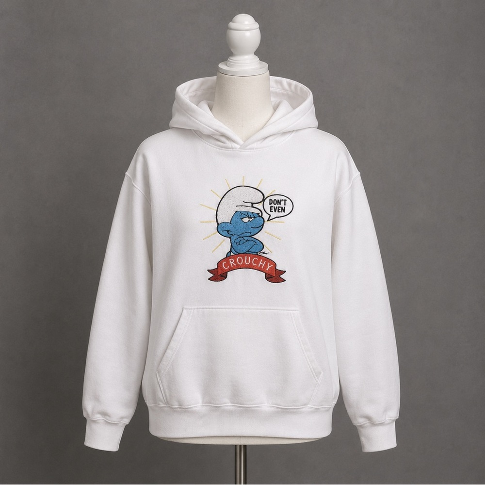 The SMURFS Hoodie Sweatshirt Unisex Large White Patch Appliqué Graphic GROUCHY